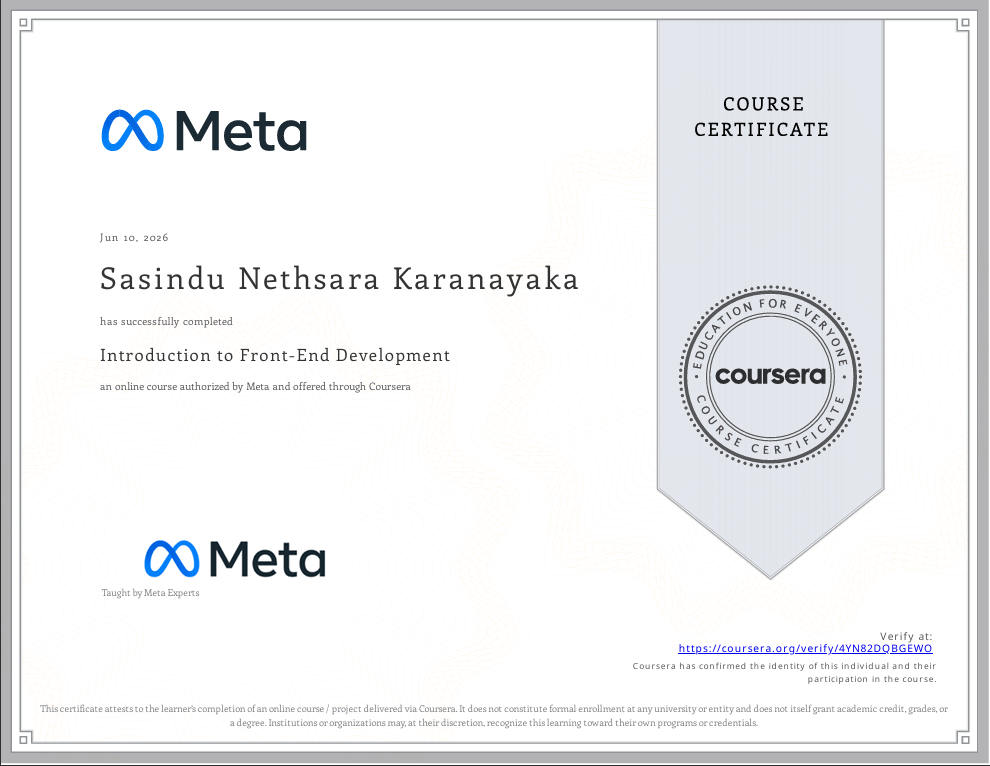 Introduction to Front-End Development certificate by Meta